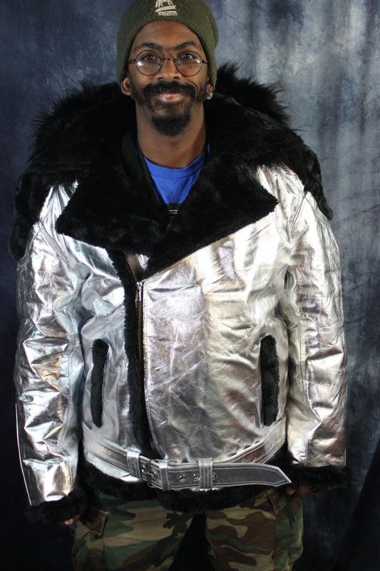 Silver Leather and Fur Jacket by Otter and The Fox - front view