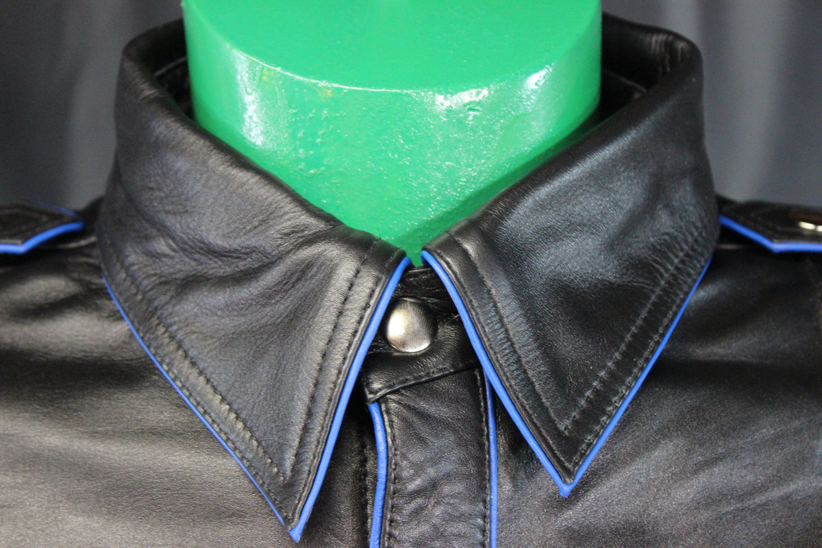 OnF Leather Shirts in Black with Blue Piping - front view
