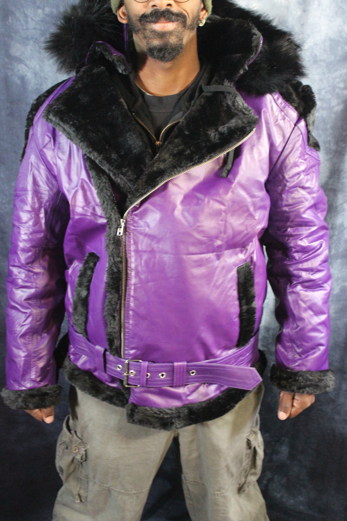 Purple Leather and Fur Jacket by Otter and The Fox - front view
