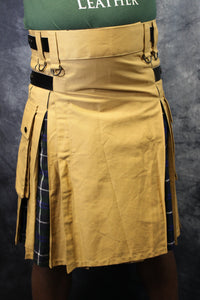 Hybrid Kilt - Khaki with Douglas Blue Modern Pleats - front view