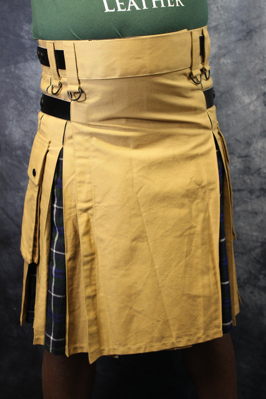 Hybrid Kilt - Khaki with Douglas Blue Modern Pleats - front view