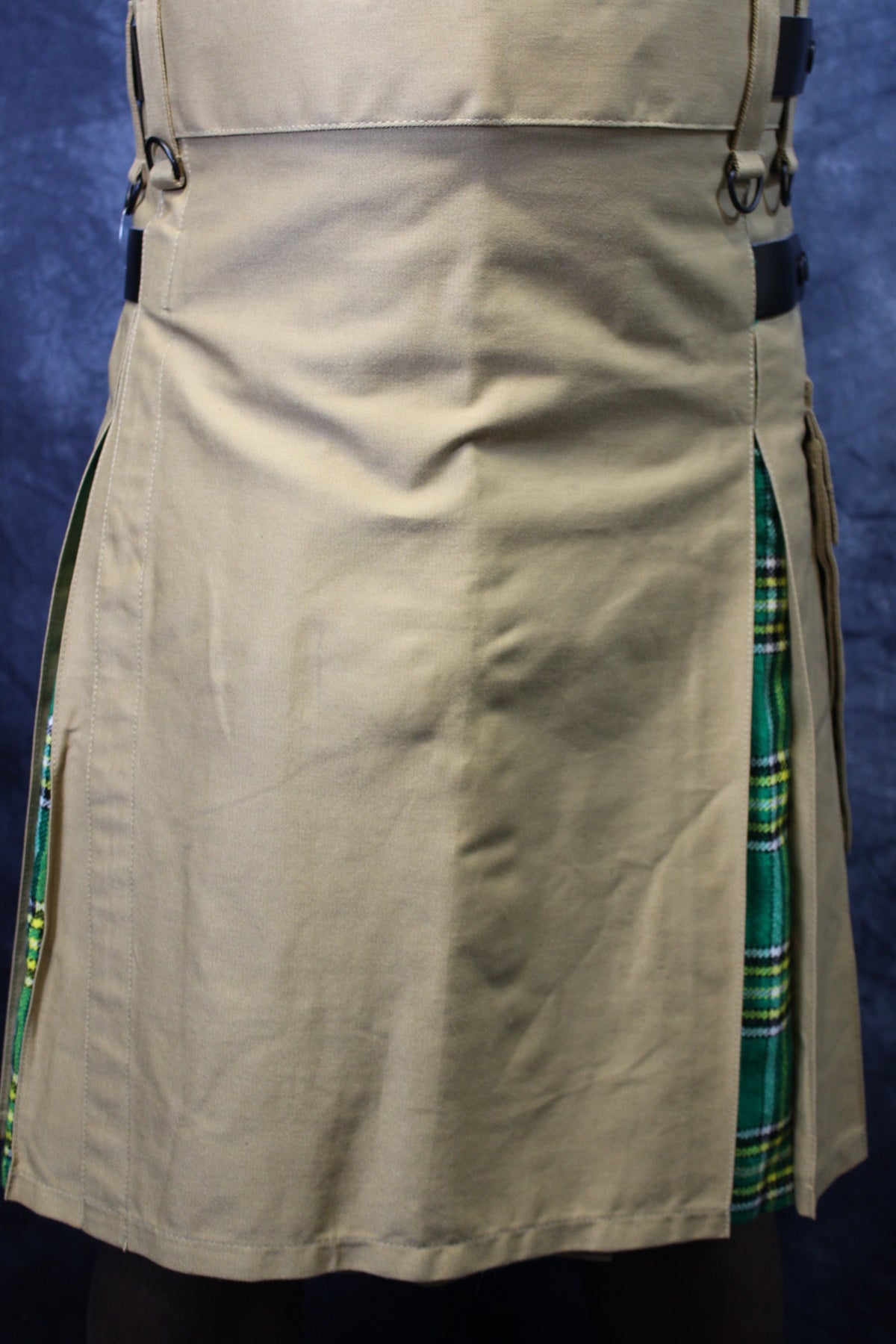 Hybrid Kilt Khaki with Irish Tartan Pleats - front view