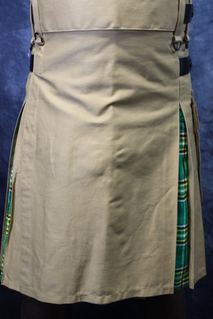 Hybrid Kilt Khaki with Irish Tartan Pleats - front view