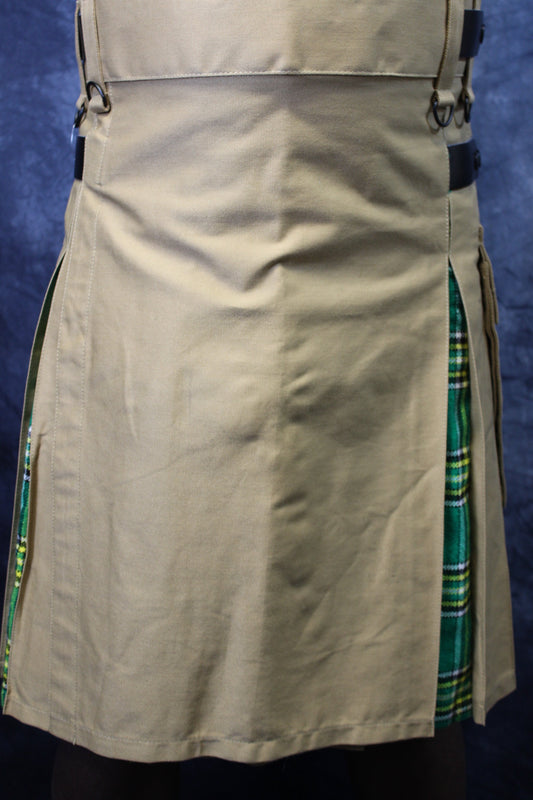 Hybrid Kilt Khaki with Irish Tartan Pleats - front view