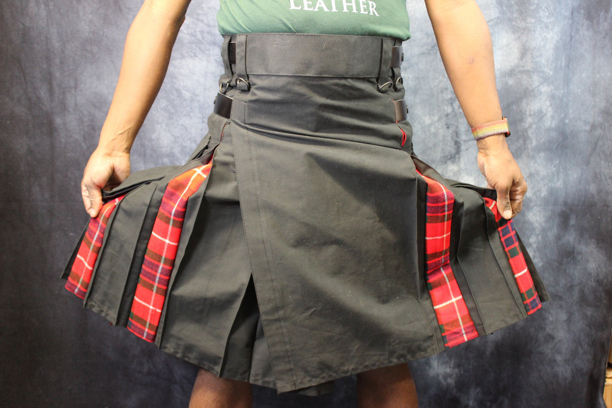 Hybrid Kilt - Black with Fraiser Red Tartan Pleats - view 2