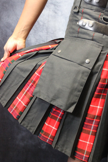 Hybrid Kilt - Black with Fraiser Red Tartan Pleats - view 4