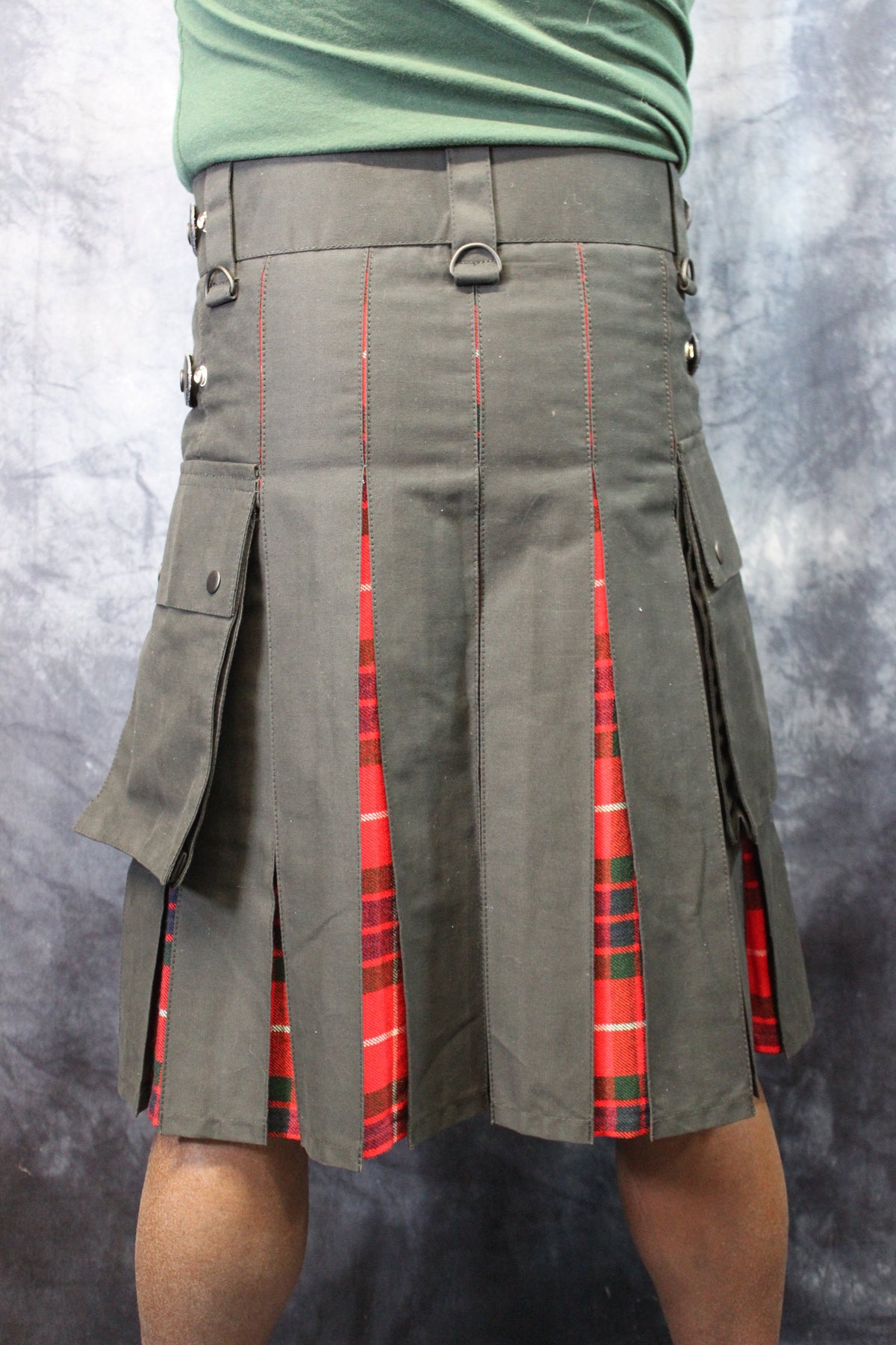 Hybrid Kilt - Black with Fraiser Red Tartan Pleats - view 5