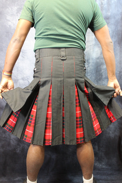 Hybrid Kilt - Black with Fraiser Red Tartan Pleats - view 7