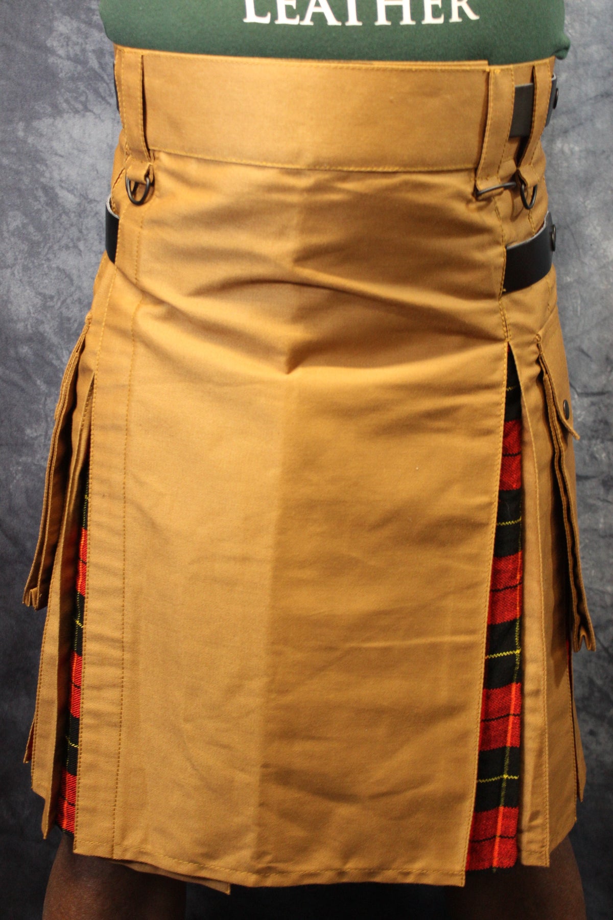 Hybrid Kilt Tan with Wallace Tartan Pleats Red Plaid Flannel - front view