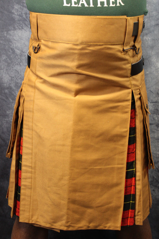 Hybrid Kilt Tan with Wallace Tartan Pleats Red Plaid Flannel - front view