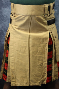 Hybrid Kilt Khaki with Wallace Tartan Pleats Red Plaid - front view