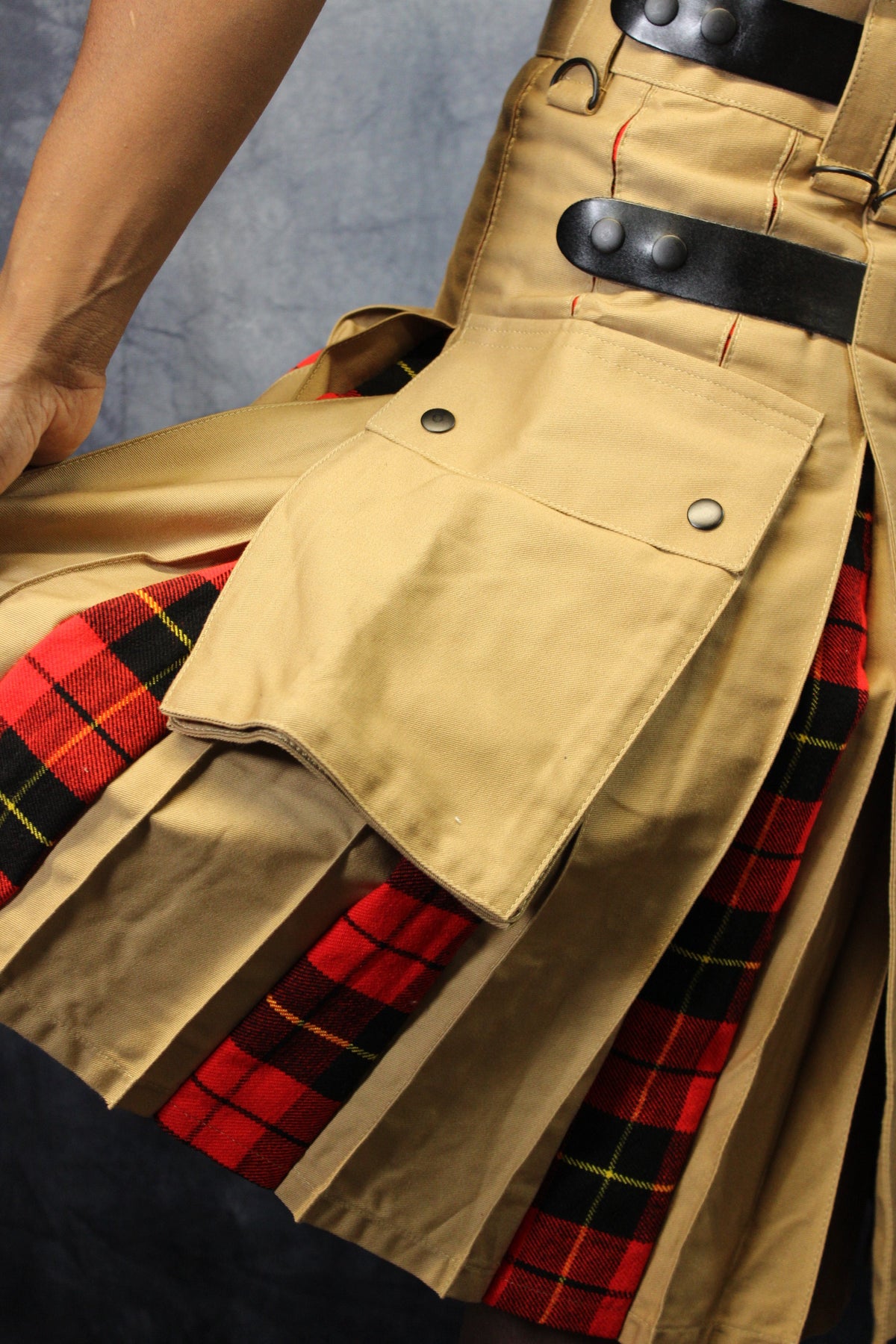 Hybrid Kilt Khaki with Wallace Tartan Pleats Red Plaid - view 5