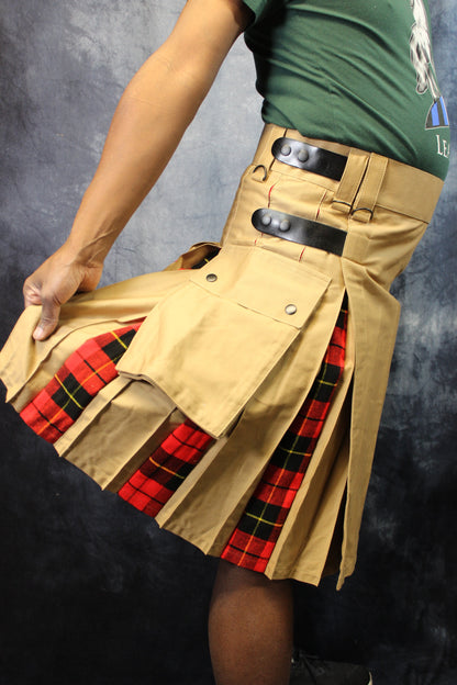 Hybrid Kilt Khaki with Wallace Tartan Pleats Red Plaid - view 6