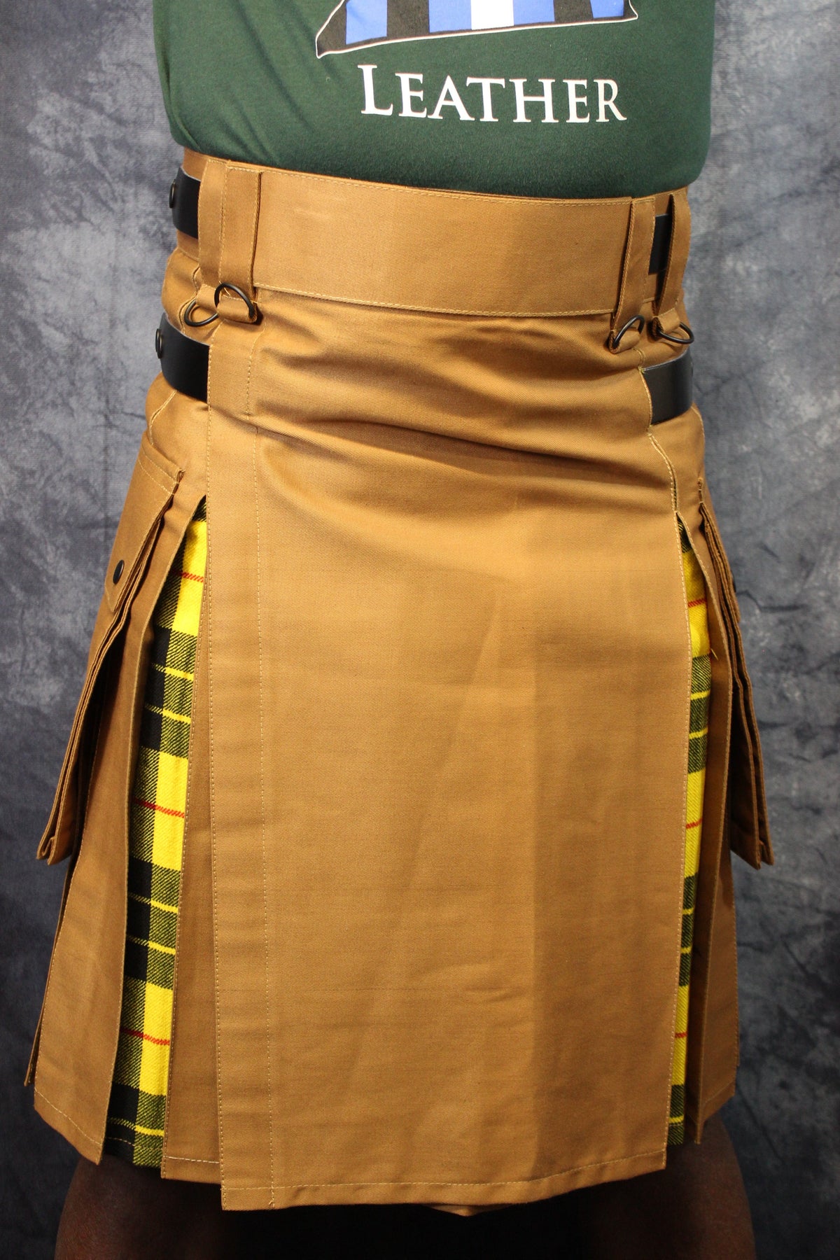 Hybrid Kilt Tan with Macleod Of Lewis Tartan Pleats - front view