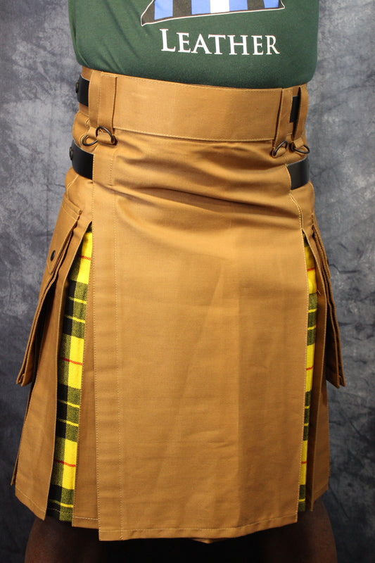 Hybrid Kilt Tan with Macleod Of Lewis Tartan Pleats - front view