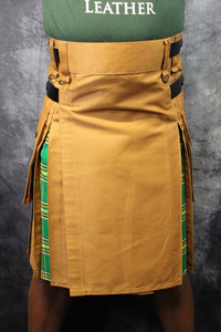 Hybrid Kilt in Tan with Irish Tartan Pleats - front view