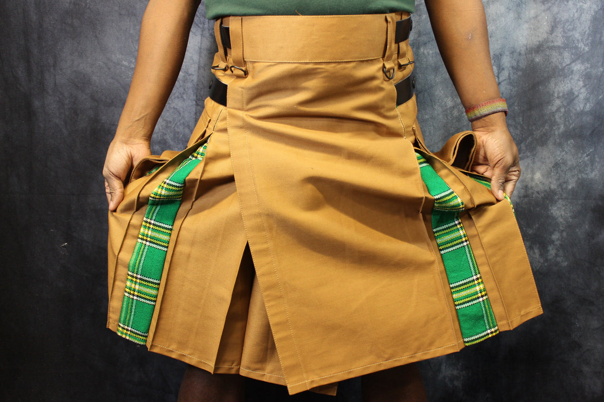Hybrid Kilt in Tan with Irish Tartan Pleats - view 2