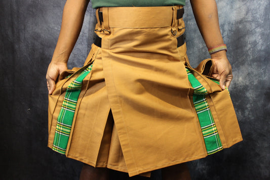 Hybrid Kilt in Tan with Irish Tartan Pleats - view 2
