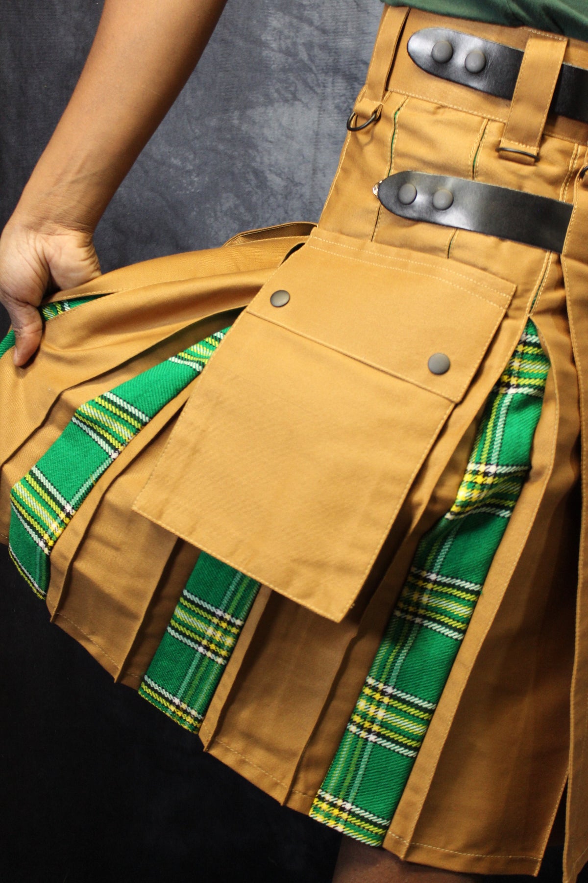 Hybrid Kilt in Tan with Irish Tartan Pleats - view 4