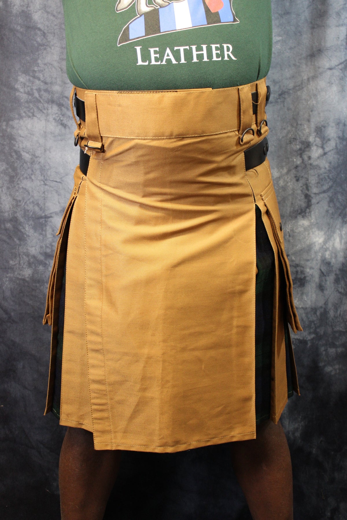 Hybrid Kilt in Tan with Black Watch Tartan Pleats - front view