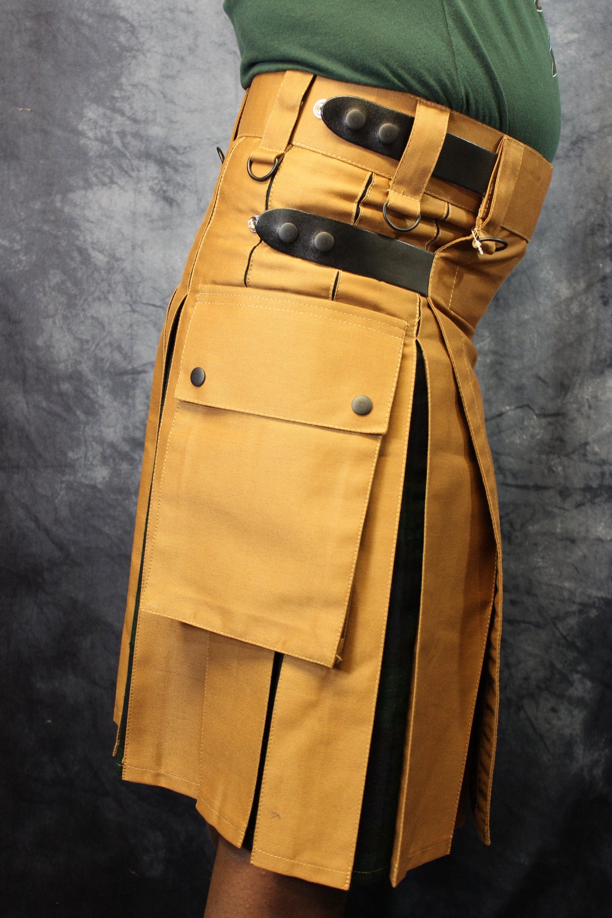 Hybrid Kilt in Tan with Black Watch Tartan Pleats - view 3