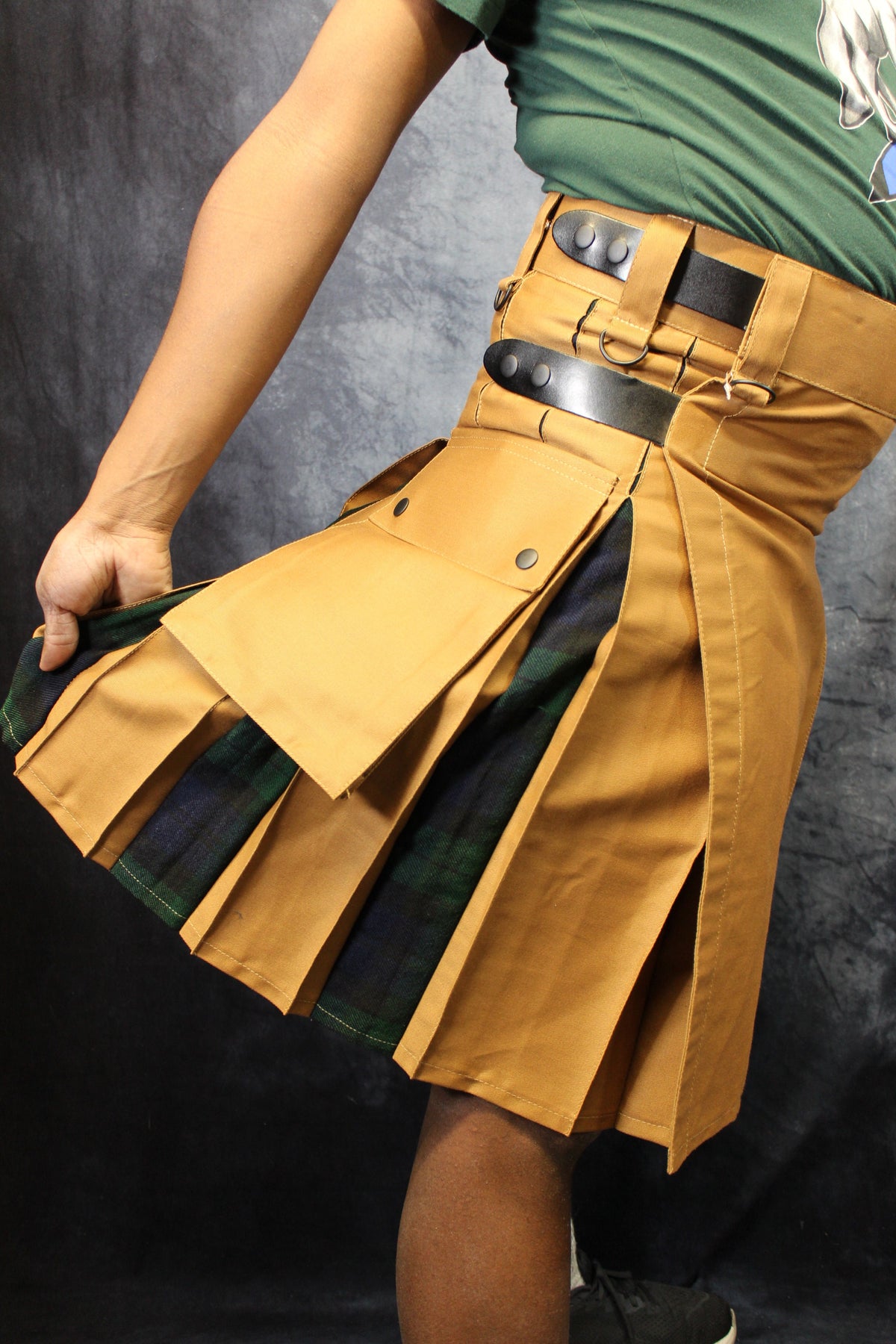 Hybrid Kilt in Tan with Black Watch Tartan Pleats - view 5