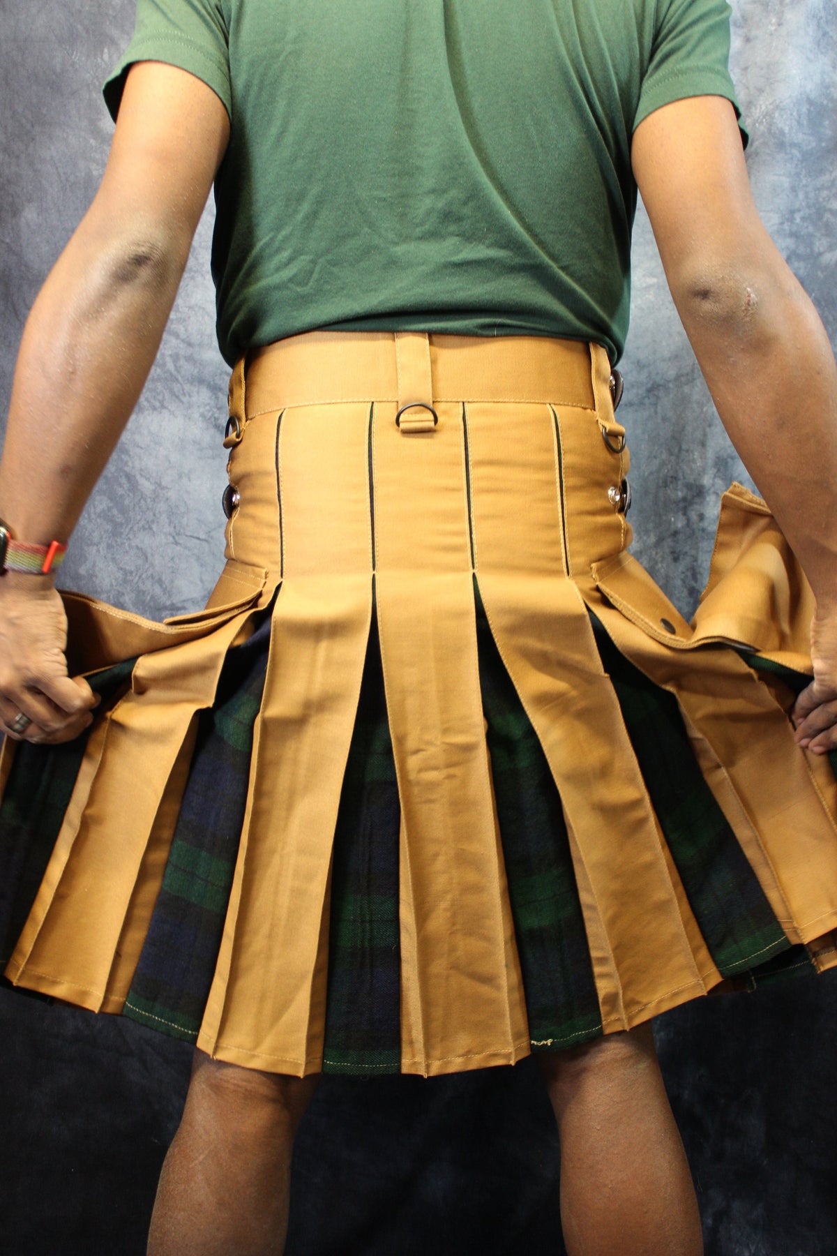 Hybrid Kilt in Tan with Black Watch Tartan Pleats - view 6