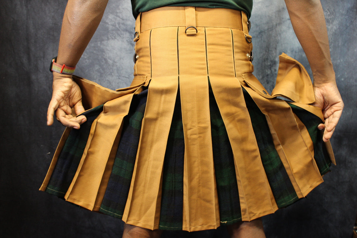 Hybrid Kilt in Tan with Black Watch Tartan Pleats - view 7