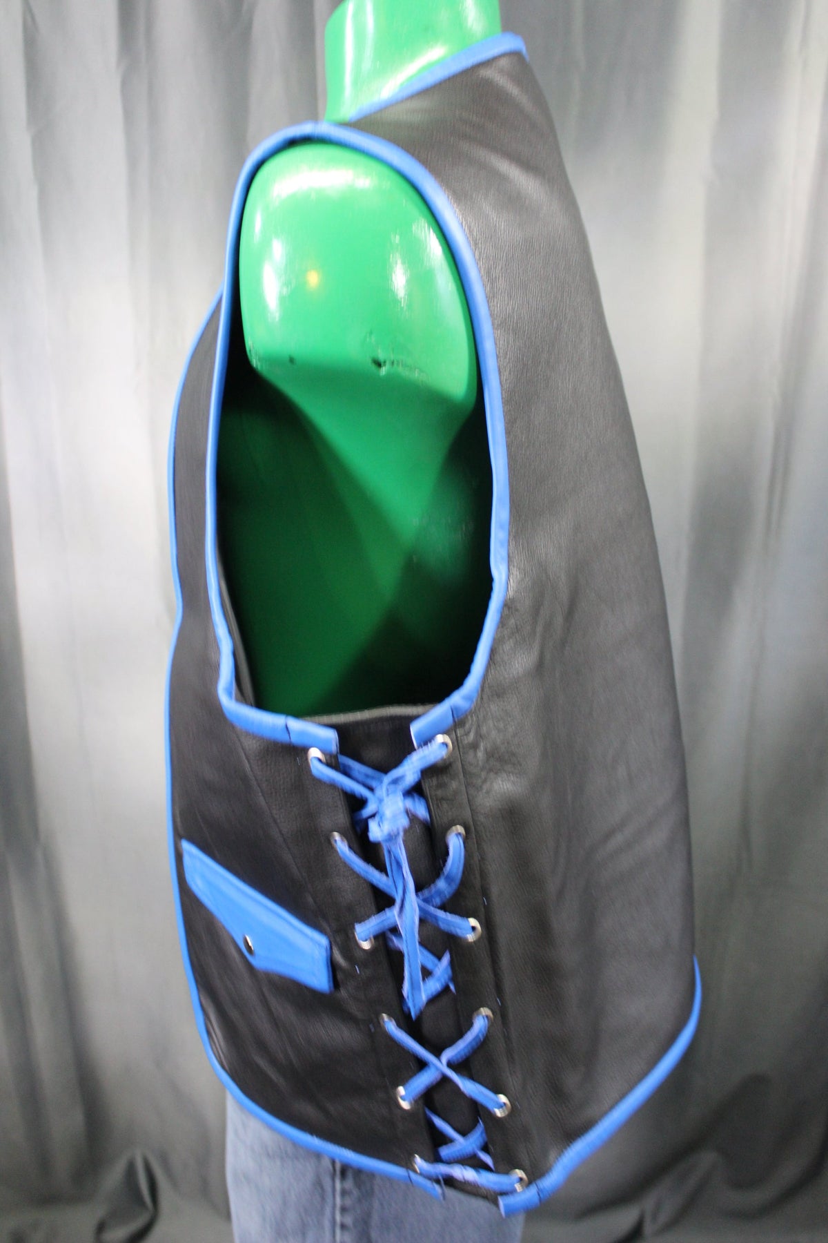 OnF Leather Bar Vest - Black with Blue Highlights - front view