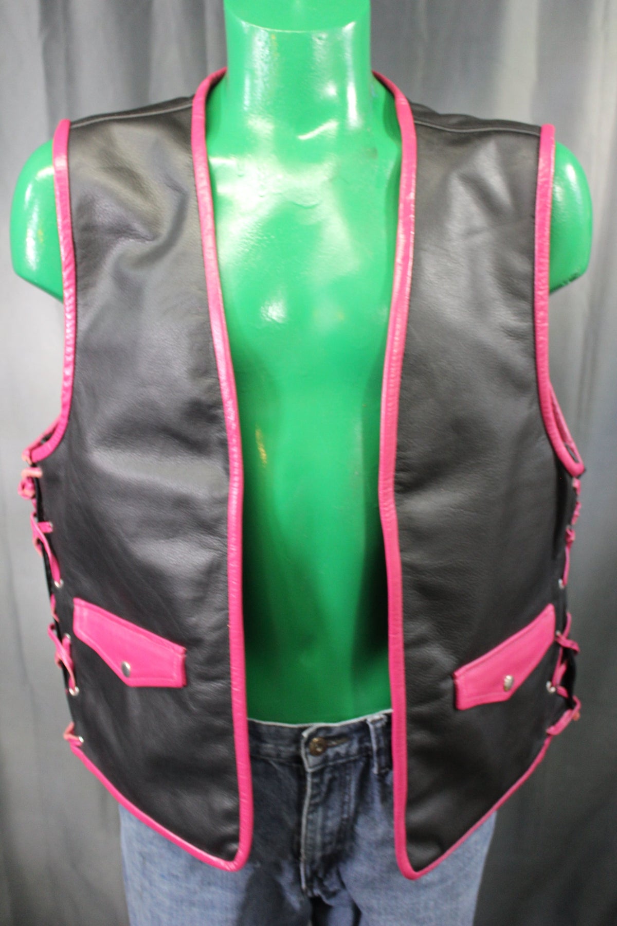 OnF Leather Bar Vest - Black with Pink Highlights - front view