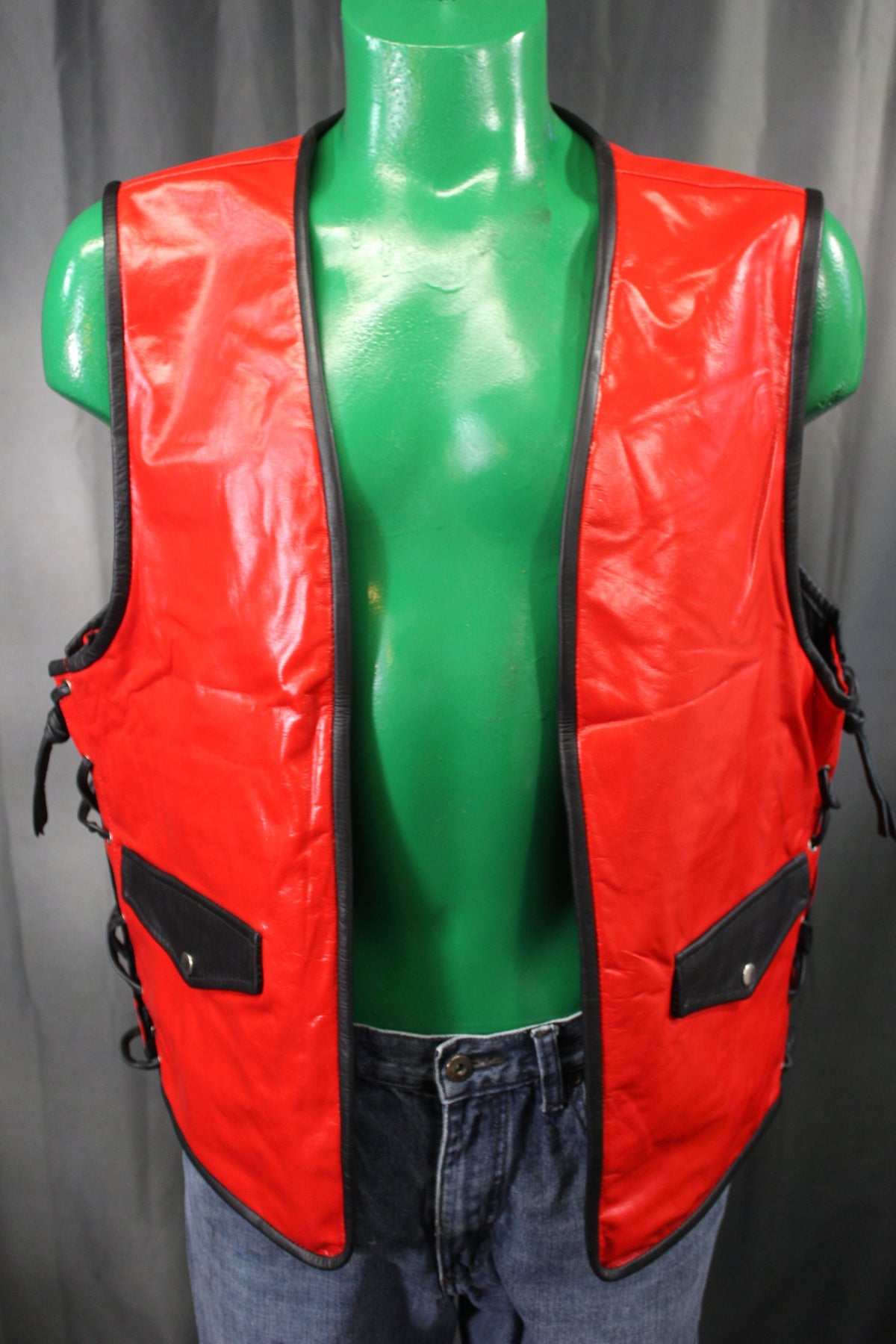 OnF Leather Bar Vest - Red with Black Highlights - front view