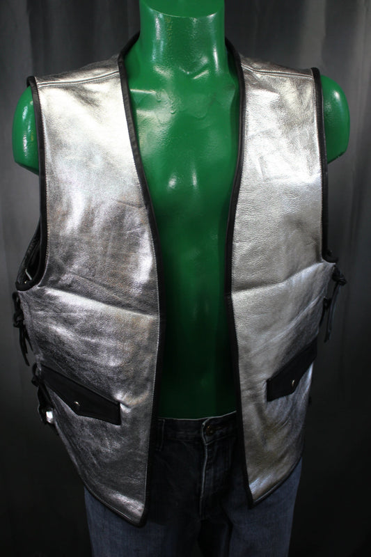 OnF Leather Bar Vest - Silver with Black Highlights - front view