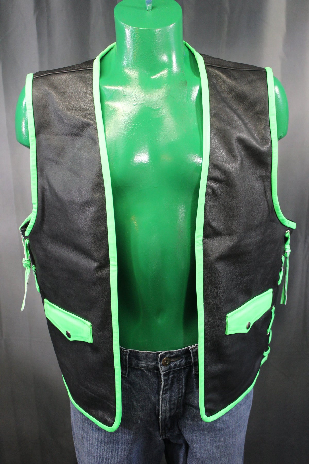 OnF Leather Bar Vest - Black with Neon Green Highlights - view 6