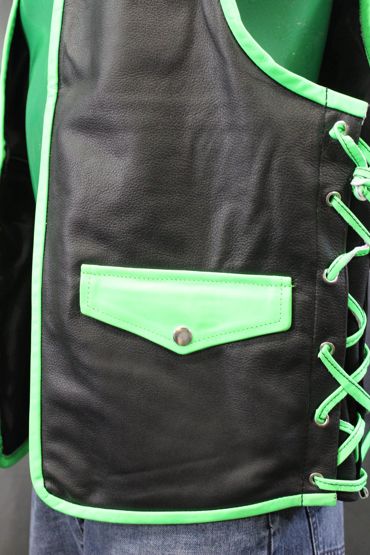 OnF Leather Bar Vest - Black with Neon Green Highlights - view 3