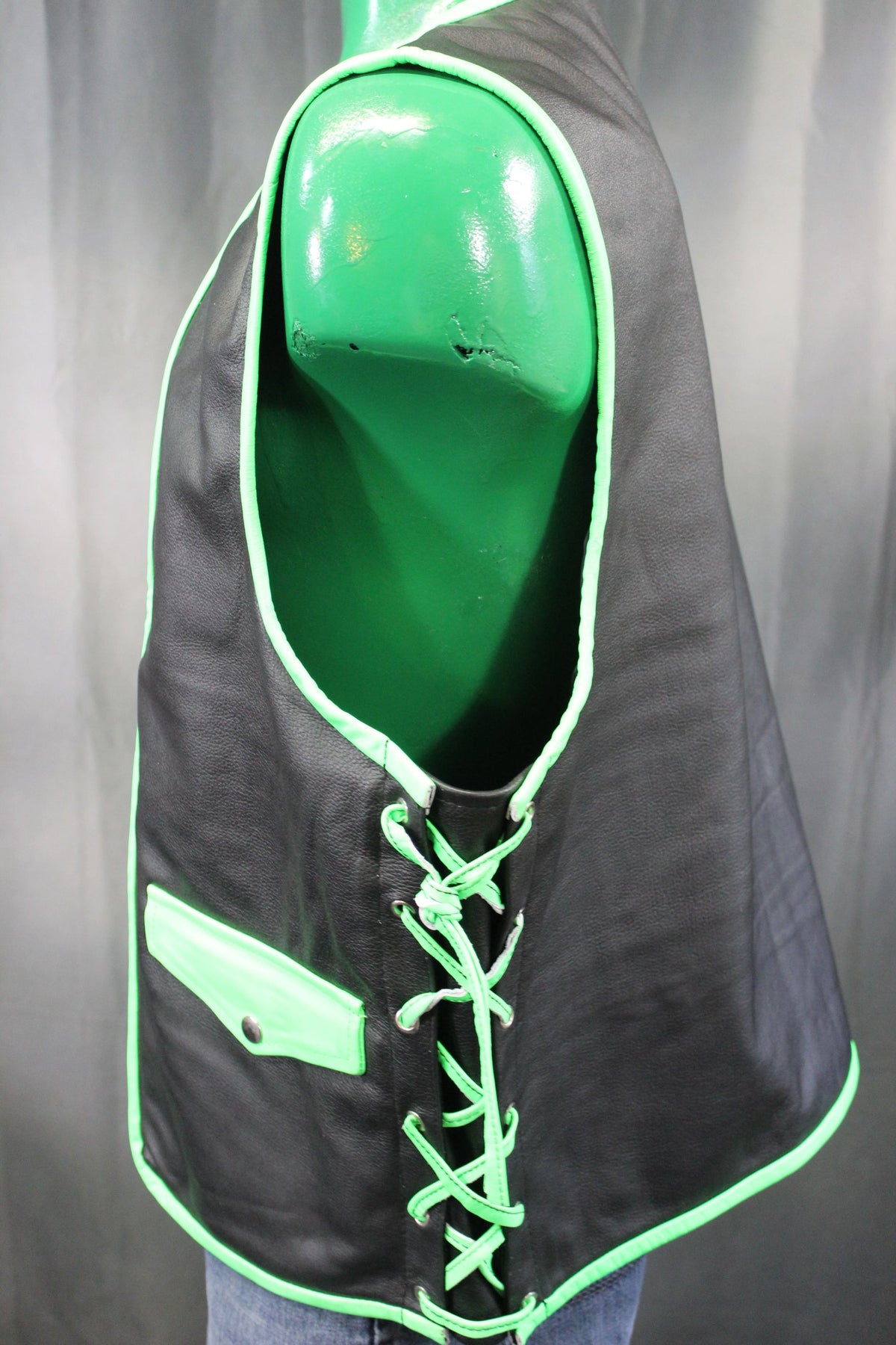 OnF Leather Bar Vest - Black with Neon Green Highlights - view 4