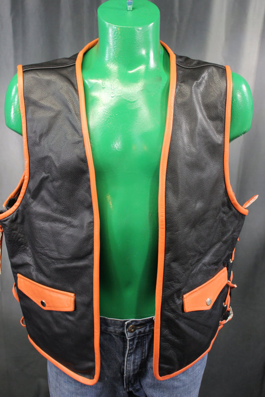 OnF Leather Bar Vest - Black with Orange Highlights - front view