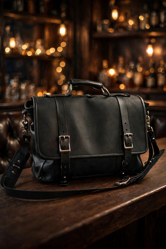 Our Finest Messenger bag! Stone OIL Tanned Leather Hand Made to Last a Lifetime! Midnight Black