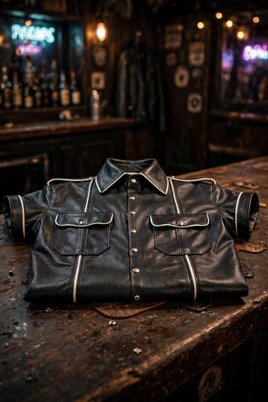 Formal Leather Short Sleeve Shirt with Piping