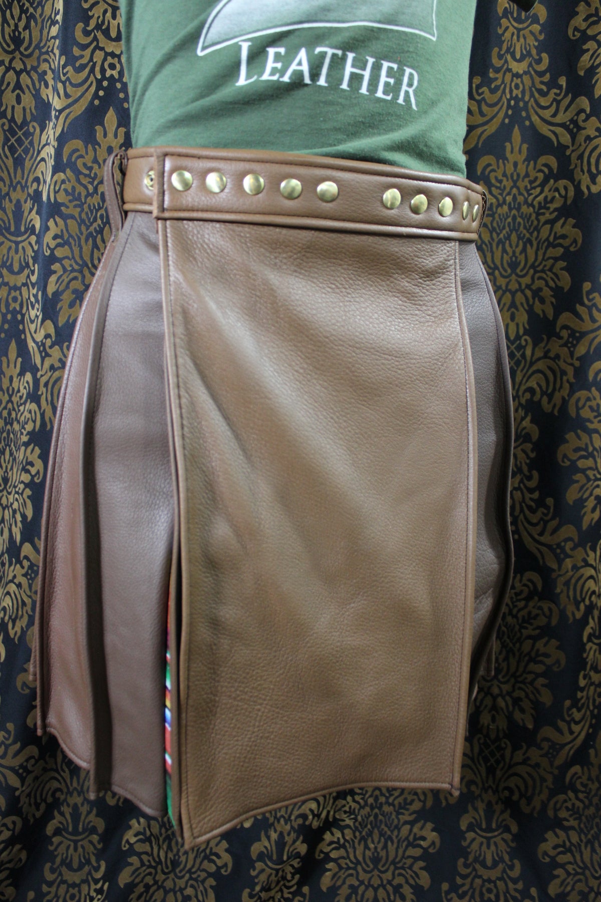 Mason's Kilt – Brown Deerskin with Serape Print Leather Pleats - front view
