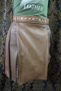 Mason's Kilt – Brown Deerskin with Serape Print Leather Pleats - front view
