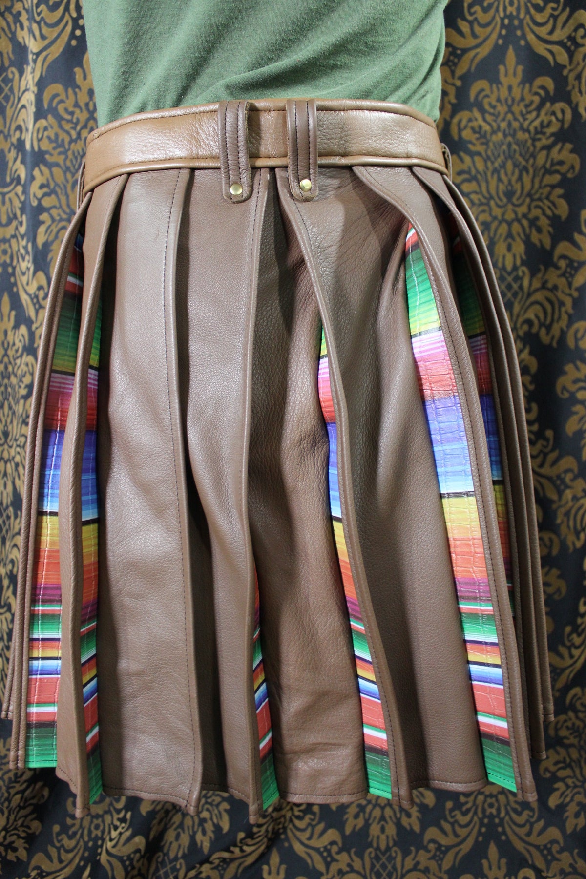 Mason's Kilt – Brown Deerskin with Serape Print Leather Pleats - view 7