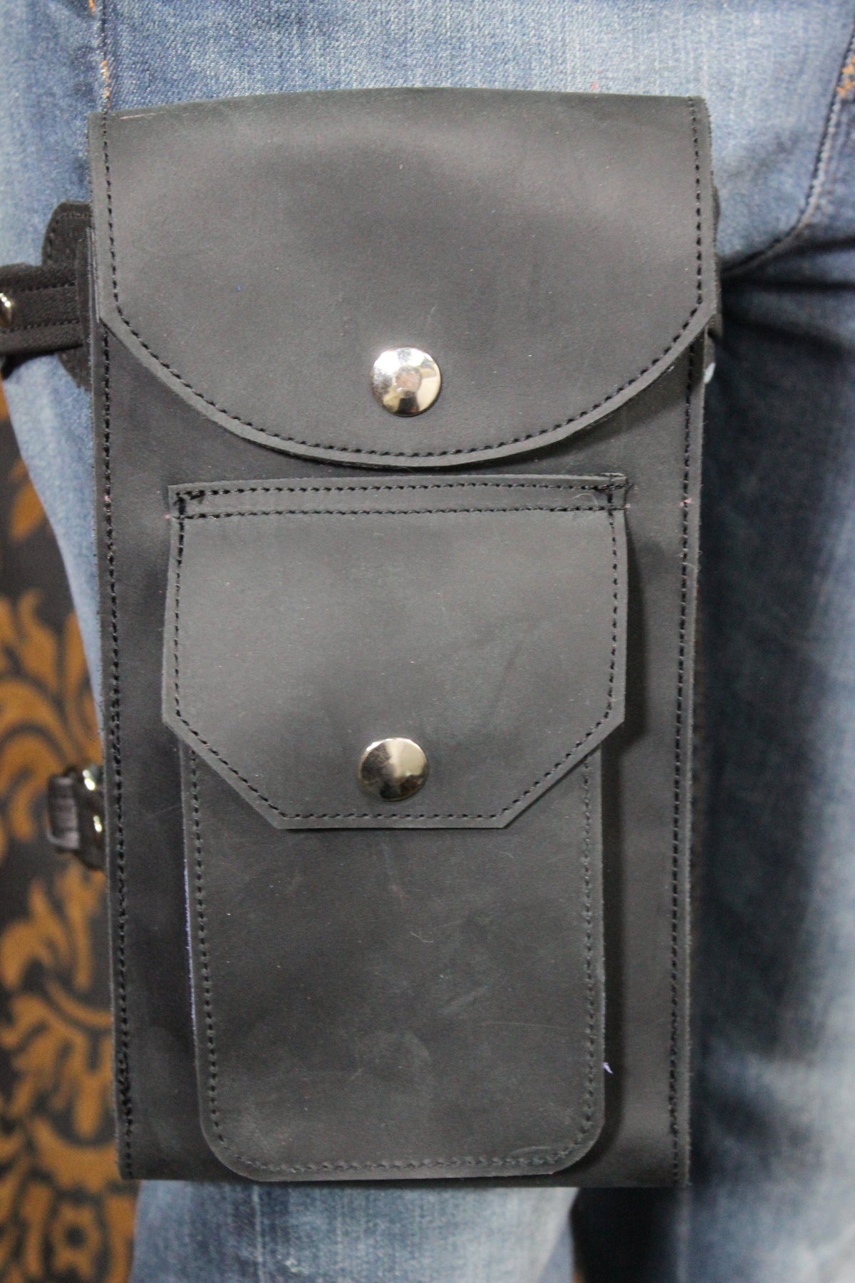 Leather Thigh Holster with Two Pockets - front view