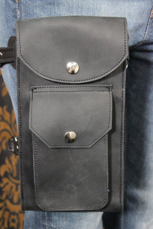 Leather Thigh Holster with Two Pockets - front view
