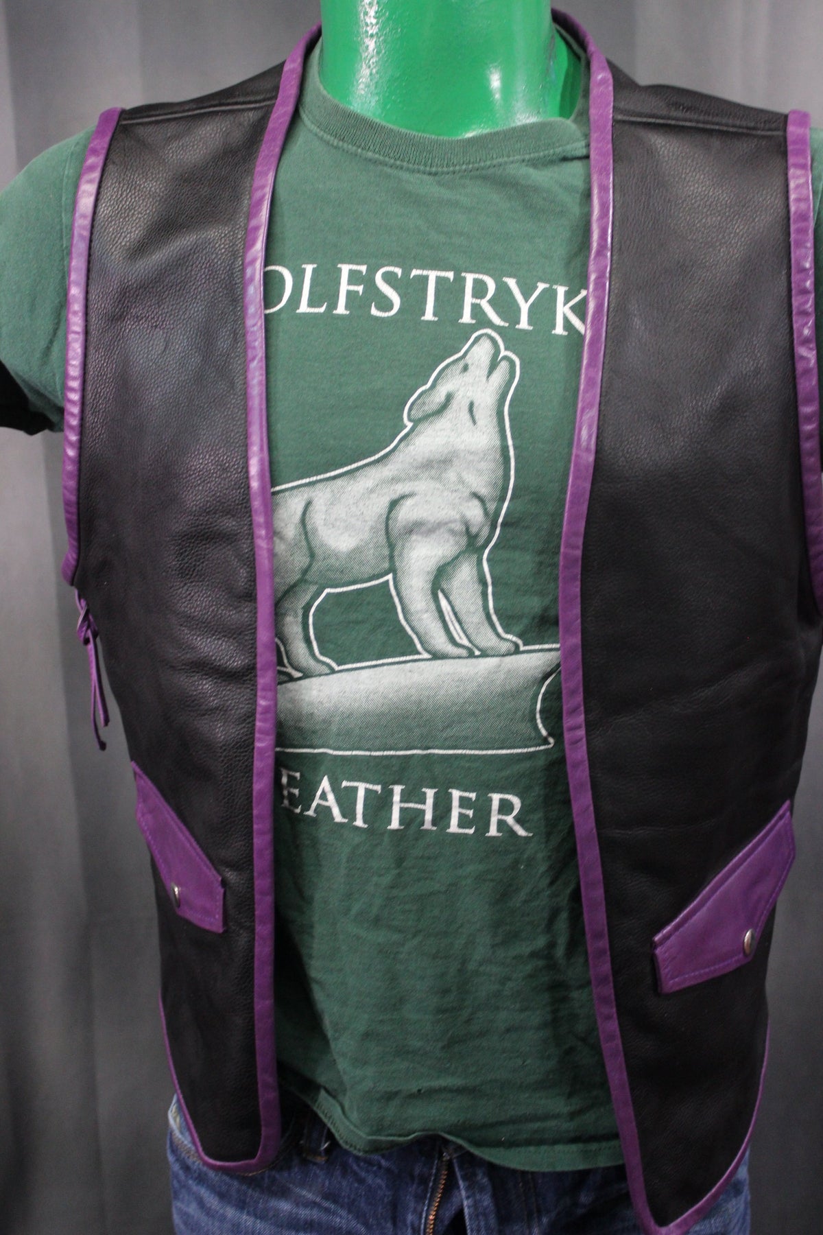OnF Leather Bar Vest - Black with Purple Highlights - front view