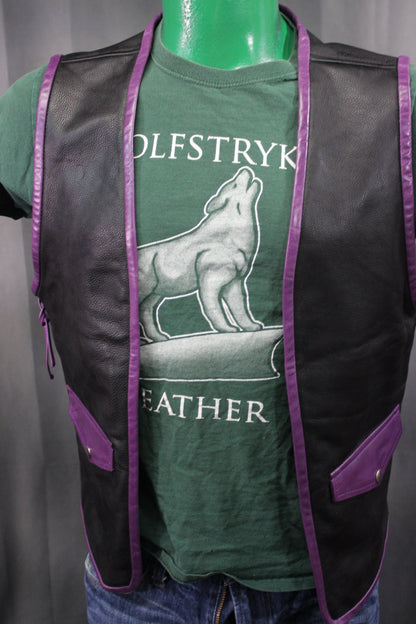 OnF Leather Bar Vest - Black with Purple Highlights - front view