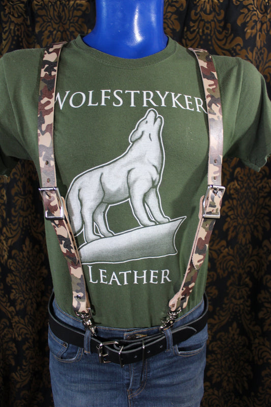 Limited Edition Camouflage Leather Convertible Suspenders - front view
