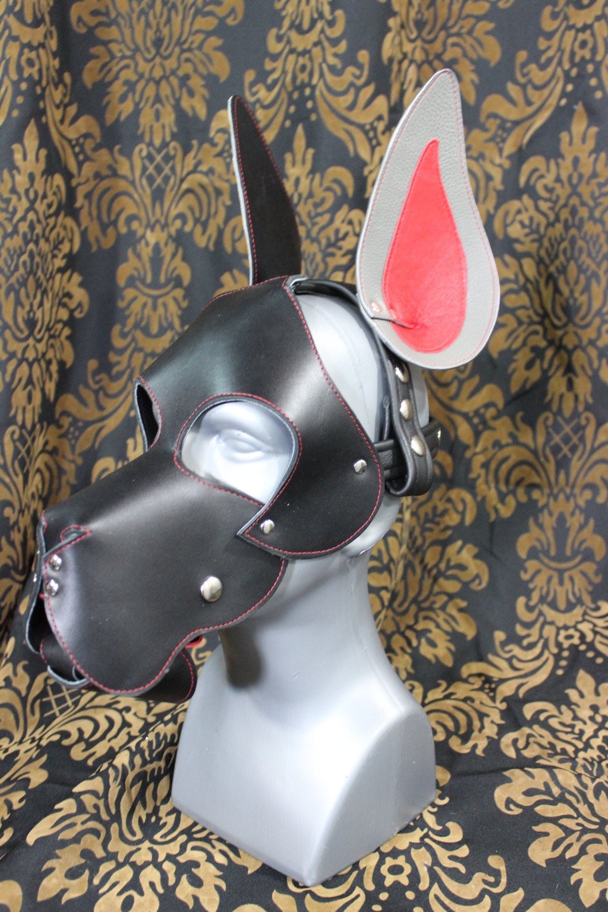 Great Dane Pup Hood In Black and Red - front view