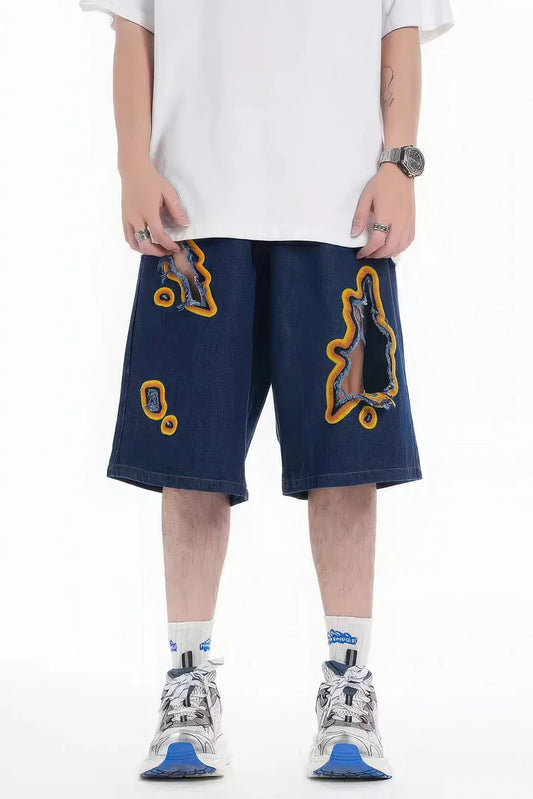 Flame Burnout Distressed Denim Shorts - Bold, Streetwear-Inspired Design - front view