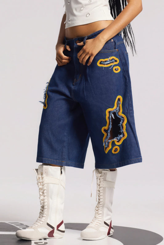 Flame Burnout Distressed Denim Shorts - Bold, Streetwear-Inspired Design - view 2