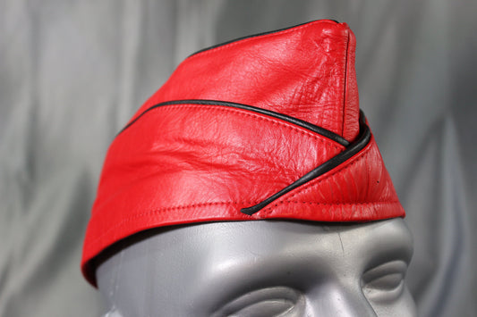 OnF Leather Garrison Cap in Red with Black Trim - front view